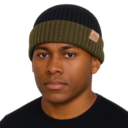 PolarWool™ L/XL/XXL Merino Wool Waffle Fisherman Beanie Watch Cap Dual-Layer 2 Styles Warm Winter Knit Hat for Men Women - color: Black/Olive(ranger), size: X-Large-XX-Large