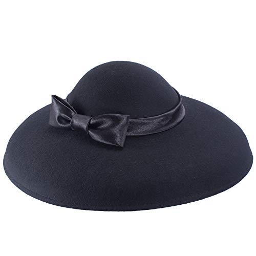 Lawliet Womens Vintage Black Wool Felt Floppy Wide Brim Dress Church Bridal Hat A508
