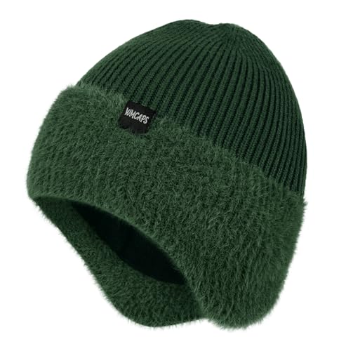 Wmcaps Winter Fleece Lined Beanie with Earflaps for Men Women Outdoor - color: Army Green