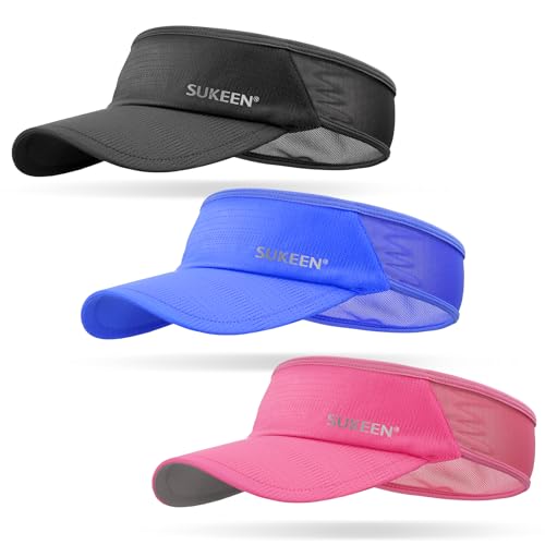 Sukeen 3 Pack Sports Sun Visor Men Women Lightweight Packable Cooling Stretchy Visor Hat for Running, Tennis, Golf - color: Black/Blue/Rose Red