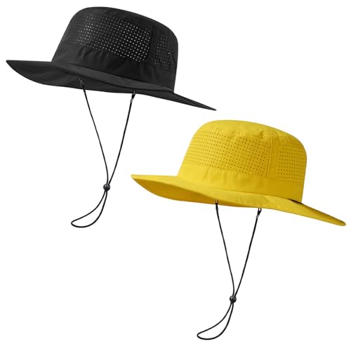 UPF 50+ Bucket Sun Hat with Laser Perforated Mesh Cooling Adjustable Breathable Lightweight for Outdoor Men Women - color: Black & Yellow