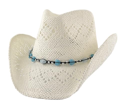 Women's Straw Cowboy Hat with Beaded Trim, Shapeable Brim - color: White