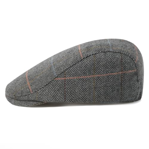 FEINION Men Wool Blend Flat Cap Tweed Newsboy Ivy Hat - color: Plaid Grey