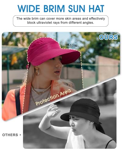 Century Star Sun Hat for Women Wide Brim Zip-Off Beach Hat Visor Ponytail UV Protection Summer Visors - color: Rose Red