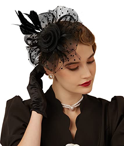 Fascinators Hat for Women Tea Party Headband Kentucky Derby Wedding Flower Cocktail Mesh Feathers Hair Clip - color: 1-a-black