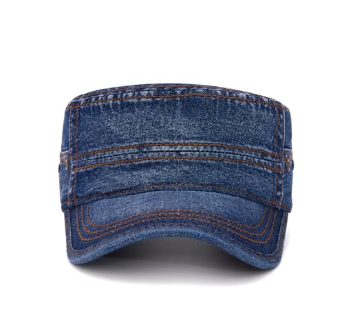 Military Cadet Army Cap for Men Women-Washed Cotton Vintage Adjustable Flat Top Baseball Hat - color: Washed Denim Navy Blue