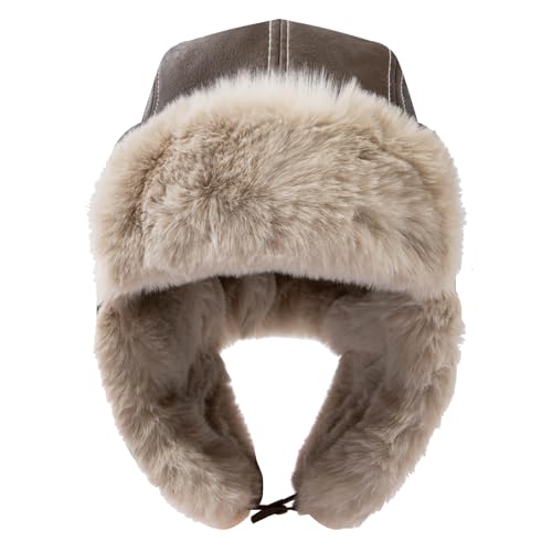 Leather Trapper Hat Winter Trooper Hats for Men Faux Fur Hat Aviator Russian Ushanka Hats with Earflaps Skiing Hat - color: Mg-lfmyypyb30-camel