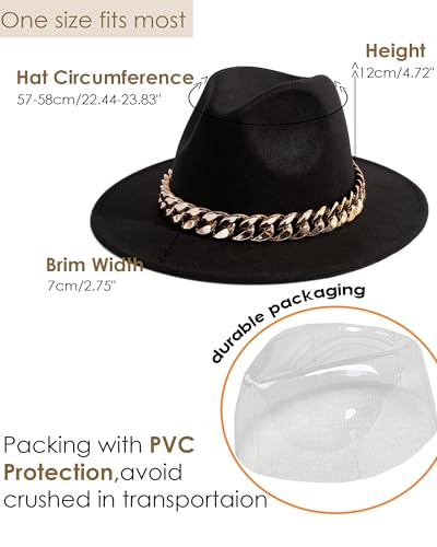 Men & Women Wide Brim Fedora Hat with Chain Buckle - color: Chain Belt-black