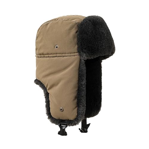 PURFUN Mens Teens Windproof Ushanka Russian Hat Winter Faux Fur Liner Full Hood Earflap Hat Cycling Ski Hunting Trapper Hat - color: Khaki