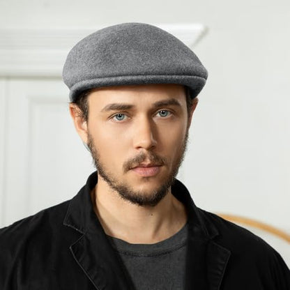 Wool Blend Mens Newsboy Caps, Classic Flat Cap Ivy Cabbie Gatsby Hat Winter Beret Hat for Men - color: Grey
