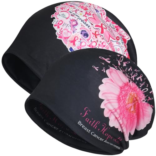 Jemis Sweet Heartwarming Breast Cancer Beanie Hat, Romantic Knitted Hat, Cancer Headwear Caps Baggy Skull Sleep Scarf - color: 2 Pack Pink & Black