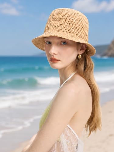 Natural Raffia Straw Bucket Hat for Women Sun Beach Handmade Raffia Woven Bucket Hat Foldable Summer Cap - color: Natural Raffia（brim 2.4“）