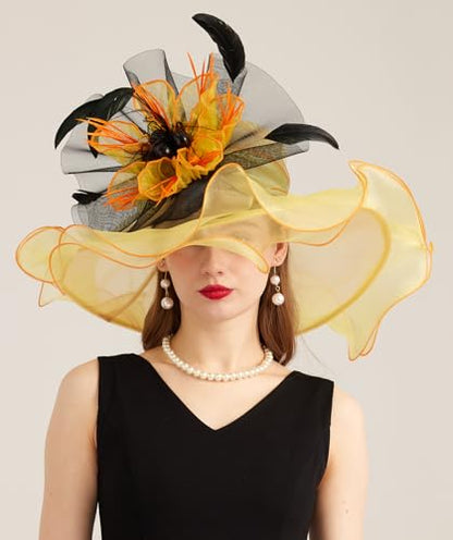 Women Derby Church Hat Organza Flower Wedding Tea Party Fascinator Wide Brim Sun Hat - color: 10-yellow Orange