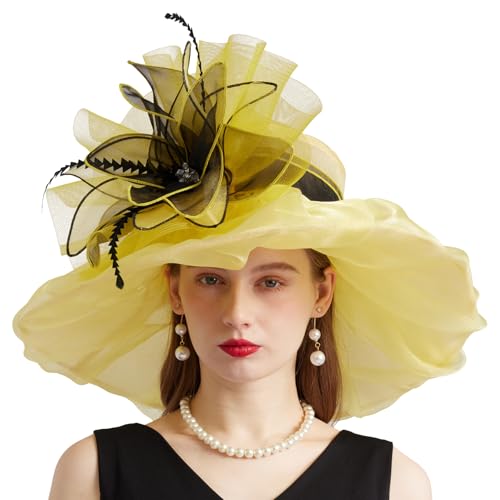 Women Organza Church Derby Hat Wide Brim Sun Caps for Wedding Tea Party Hat with Detachable hat Flower as Headgear - color: 10-yellow