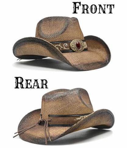 FLUFFY SENSE. Cowboy Hats for Women and Men - Distressed Straw Western Hat with Shapeable Brim for Cowboys and Cowgirls - color: Ombre Brown