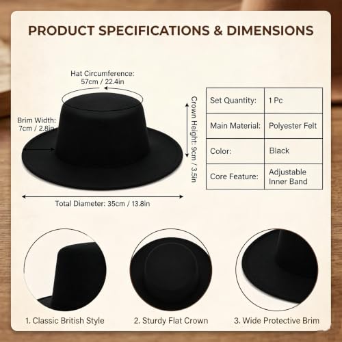Black Flat Top Fedora Hat, Wool Blend Derby Cap Classic Formal Hat for Events & Daily Wear - color: Black