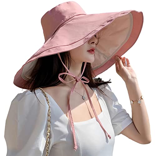 HUAMULAN Women Summer Vacation Wide Brim Sun Hat Reversible Fishing Hats - color: Pinkbeige