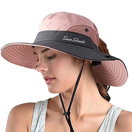 ZOORON Women's Ponytail Safari Sun Hat,Wide Brim UV Protection Bucket Hat - color: 1-pink