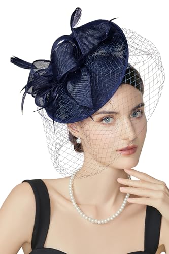 BABEYOND Fascinators Hats for Women Pillbox Kentucky Hat with Feather Veil - color: Navy Blue