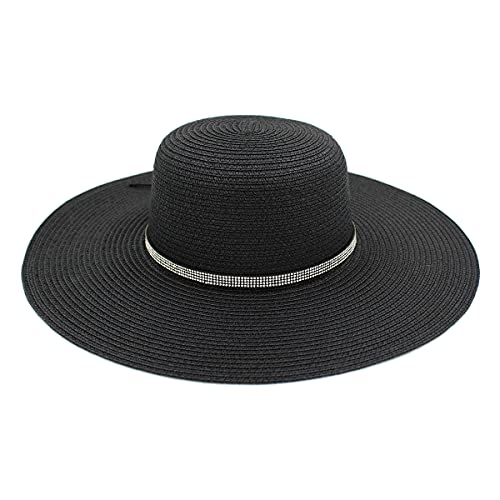 4.5" Wide Brim Foldable UPF50 Rhinestone Trim Floppy Summer Straw Sun Beach Hat - color: Black