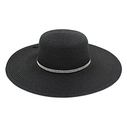4.5" Wide Brim Foldable UPF50 Rhinestone Trim Floppy Summer Straw Sun Beach Hat - color: Black