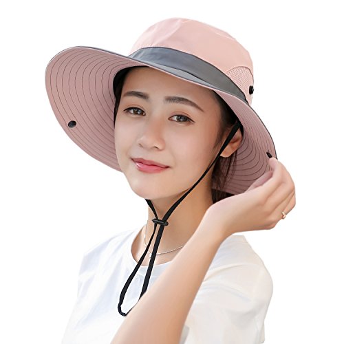 Muryobao Women's Ponytail Sun Hat UV Protection Foldable Mesh Wide Brim Beach Fishing Hat - color: Pink