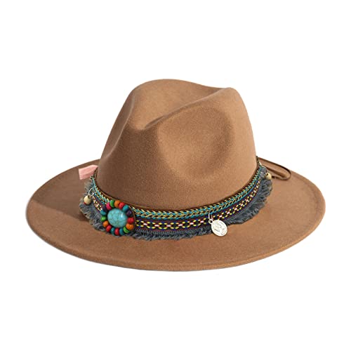 Women's Felt Fedora Hat Wide Brim Panama Hats with Tassel - color: Z Belt Khaki