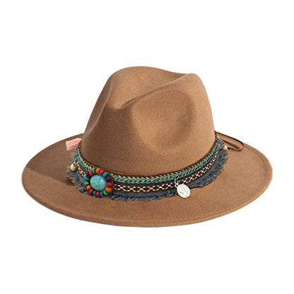 Women's Felt Fedora Hat Wide Brim Panama Hats with Tassel - color: Z Belt Khaki