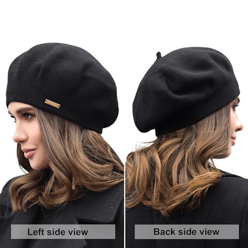 Beret - Warm Lined Wool Angora Knit Berets - French Paris Hat for Women - color: Black