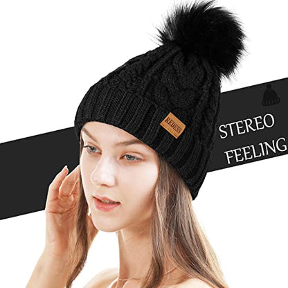 REDESS Women Winter Pompom Beanie Hat with Warm Fleece Lined Thick Slouchy Snow Knit Hat Skull Ski Cap - color: Black