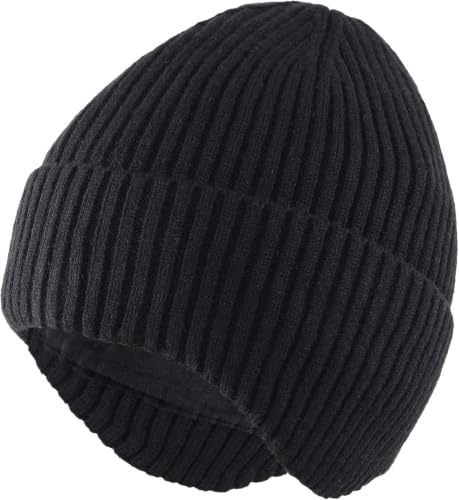 Home Prefer Fleece Lined Rib Knit Cuffed Beanie with Earflaps for Men Women - color: Black