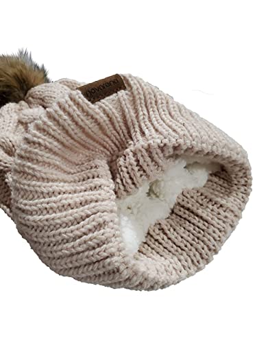 Novarena Thick Cable Knit Faux Fuzzy Fur Pom Fleece Lined Skull Cap Cuff Beanie - color: Beige Pom Beanie