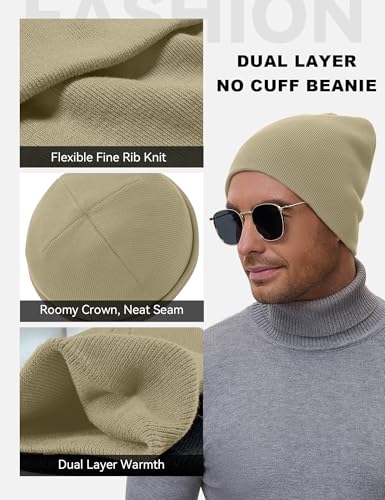 ROYBENS 100% Cotton No Cuff Beanie Hat Men Women, Fisherman Skull Cap - color: Khaki