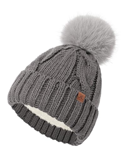 DS DADOU&XIAOSHAN Winter Hats for Women, Fleece Lined Beanie with Pom Pom, Girls Womens Knit Hat Beanies Toboggan - color: Dark Gray