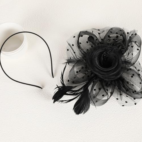 WLBON Fascinators Hat 20s 50s Headband Hair Clips Flower Mesh Veil Feather Headpiece Headwear Women Halloween Carnival Cocktail Wedding Church Cosplay Dress Up Birthday Tea Party Accessories Black - color: Black Tone