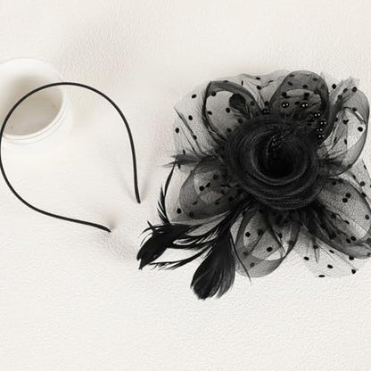 WLBON Fascinators Hat 20s 50s Headband Hair Clips Flower Mesh Veil Feather Headpiece Headwear Women Halloween Carnival Cocktail Wedding Church Cosplay Dress Up Birthday Tea Party Accessories Black - color: Black Tone