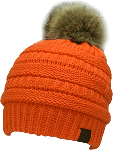 C.C Trendy Fuzzy Fleece Lined Warm Comfortable Soft Stretch Cable Knit Ribbed Faux Fur Pom Pom Beanie Hat - color: Neon Orange