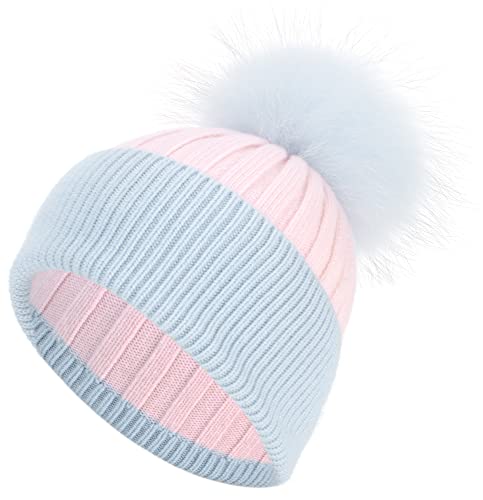 Women's Winter Ribbed Cuffed Beanie Skull Cap with Genuine Raccoon Fur Pom - color: Pink Blue
