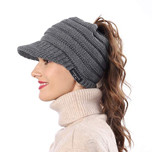 Women's BeanieTail Warm Knit Hat Messy High Bun Ponytail Visor Beanie Cap - color: B324-grey, size: Medium