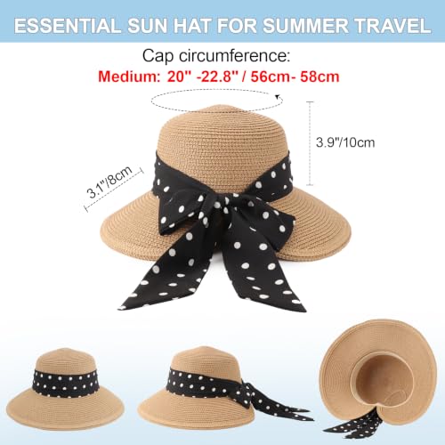 AQOKKA Women Sun Hats Straw Wide Brim Bowknot Bucket Cap Floppy Foldable Summer Beach Hats for Women Outdoor UPF 50+ - color: 1 Pack Beach: Khaki With Black Bow