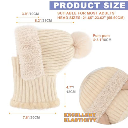 AQOKKA 3 in 1 Knit Fleece Lined Beanie Hat with Scarf and Mask Warm - color: Beige