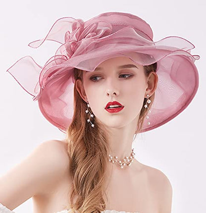 Women Organza Kentucky Hat Fascinator Tea Party Derby Hat Feather Wedding Church Head Ornament Sun Hats - color: 018-pink Purple