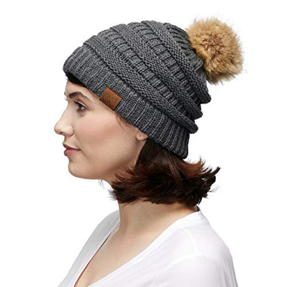 C.C Hatsandscarf Exclusives Unisex Solid Ribbed Beanie with Pom (HAT-43) - color: Dark Melange Grey Amazon
