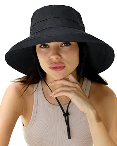 Hatiis Womens Sun Hat with Ponytail Hole Cotton Shapeable Wide Brim - color: Black