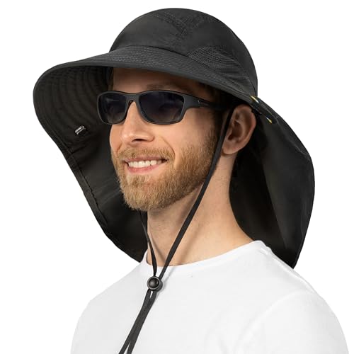 SUN CUBE Wide Brim Sun Hat with Neck Flap for Men Women, UPF50+ Fishing - color: Black