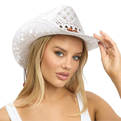 AQOKKA Straw Cowboy Hats for Women Men Western Cowgirl Hats with Shapeable Brim Woven Hollow Out Unisex Beach Roll Up Caps - color: Brown Beads Cowboy Hat : White