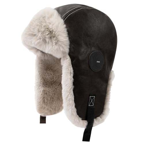 Croogo Faux Leather Winter Hat Russian Ushanka Trapper Hat Faux Fur Warm Hat Waterproof Hunter Hat for Men Women - color: Pl2405-darkbrown