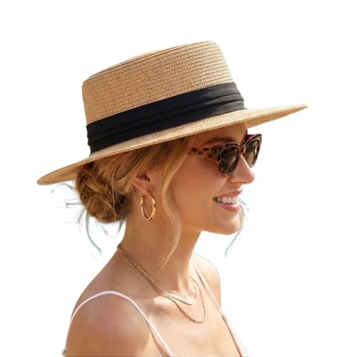 Straw Sun Hats for Women Summer Beach Wide Brim Boater Hat Fashion Travel Vacation Fedora Panama UPF 50+ - color: Khaki Black