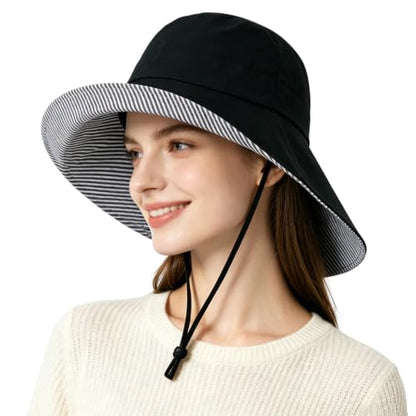 Womens Wide Brim Sun Hat UPF 50+ Foldable Bucket for Beach Travel - color: Black