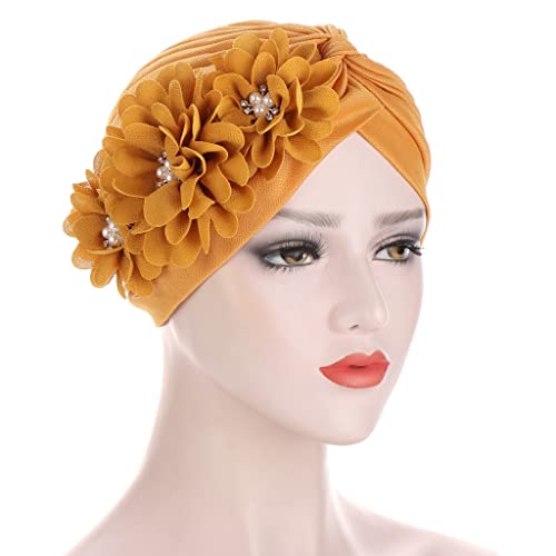 Flower Pre-Tied Turban Beanie, Soft Chemo Cap for Women Cancer Hair Loss - color: Yellow